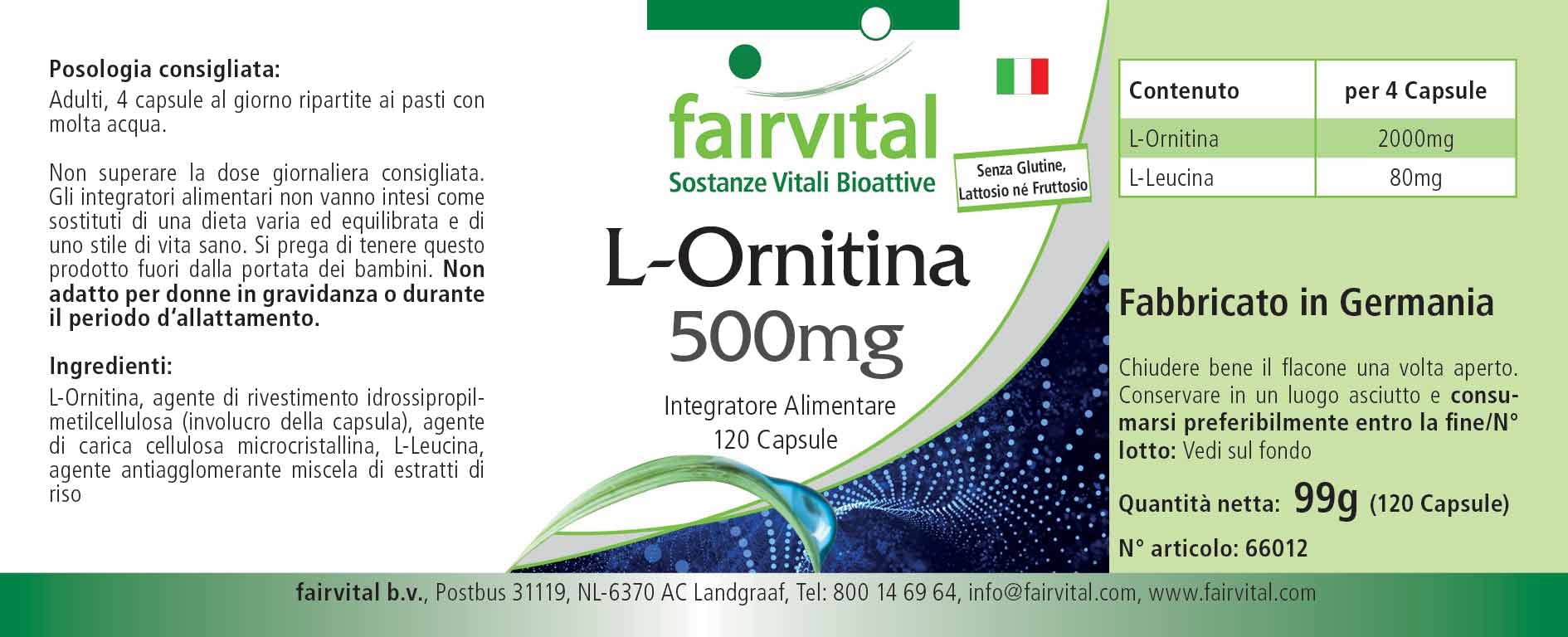 fairvital L-ornitina 500 mg, 120 capsule, ALTO DOSAGGIO, vegano