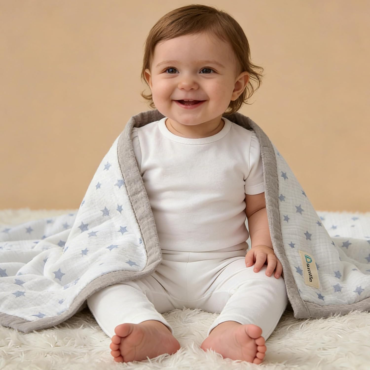 Reversible Muslin Baby Quilt – Lightweight Double Layer 100% Cotton Blanket with Soft Fill & Wide-Edge Border, Breathable Nursery Quilt for Crib & Stroller, 47 x 47 Inches (Gray Stars)