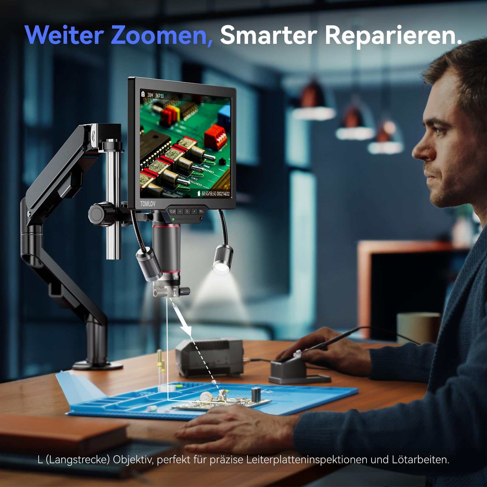 TOMLOV TM3K-3D IPS Digitales Mikroskop mit Magnetische Doppelobjektive, 3D-Lötmikroskop für Erwachsene, 3K UHD HDMI/USB Münz- & PCB-Lupe mit LED-Beleuchtung, Reparaturmatte, Flexibler Armständer, 64GB