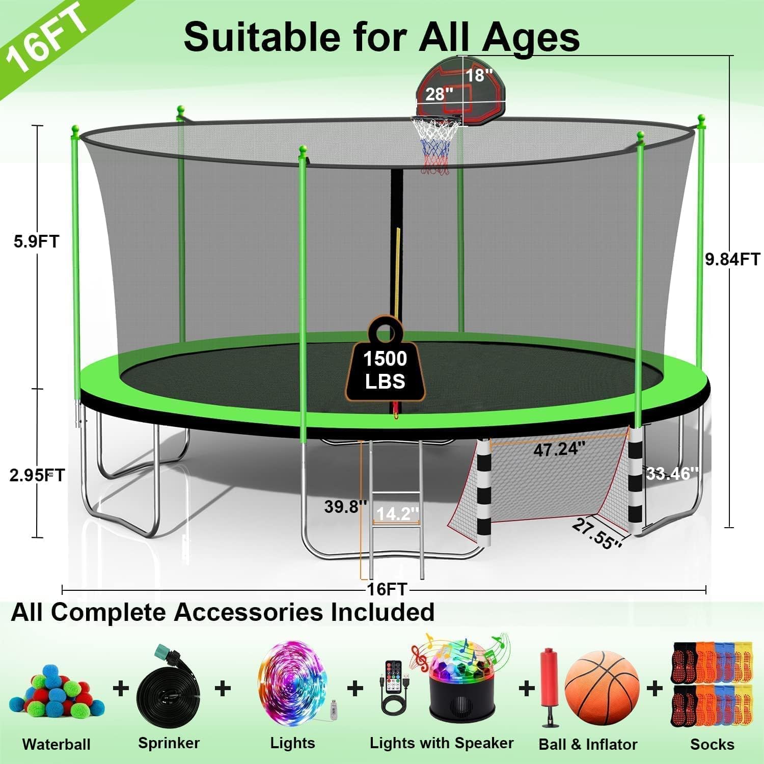 Pvillez 1500LBS 10FT 12FT 14FT 16FT Trampoline for Kids Adults with Basketball Hoop, Enclosure Net, Sprinkler, Lights, Disco Ball with Music Speaker, Heavy Duty Trampoline Outdoor Trampolines