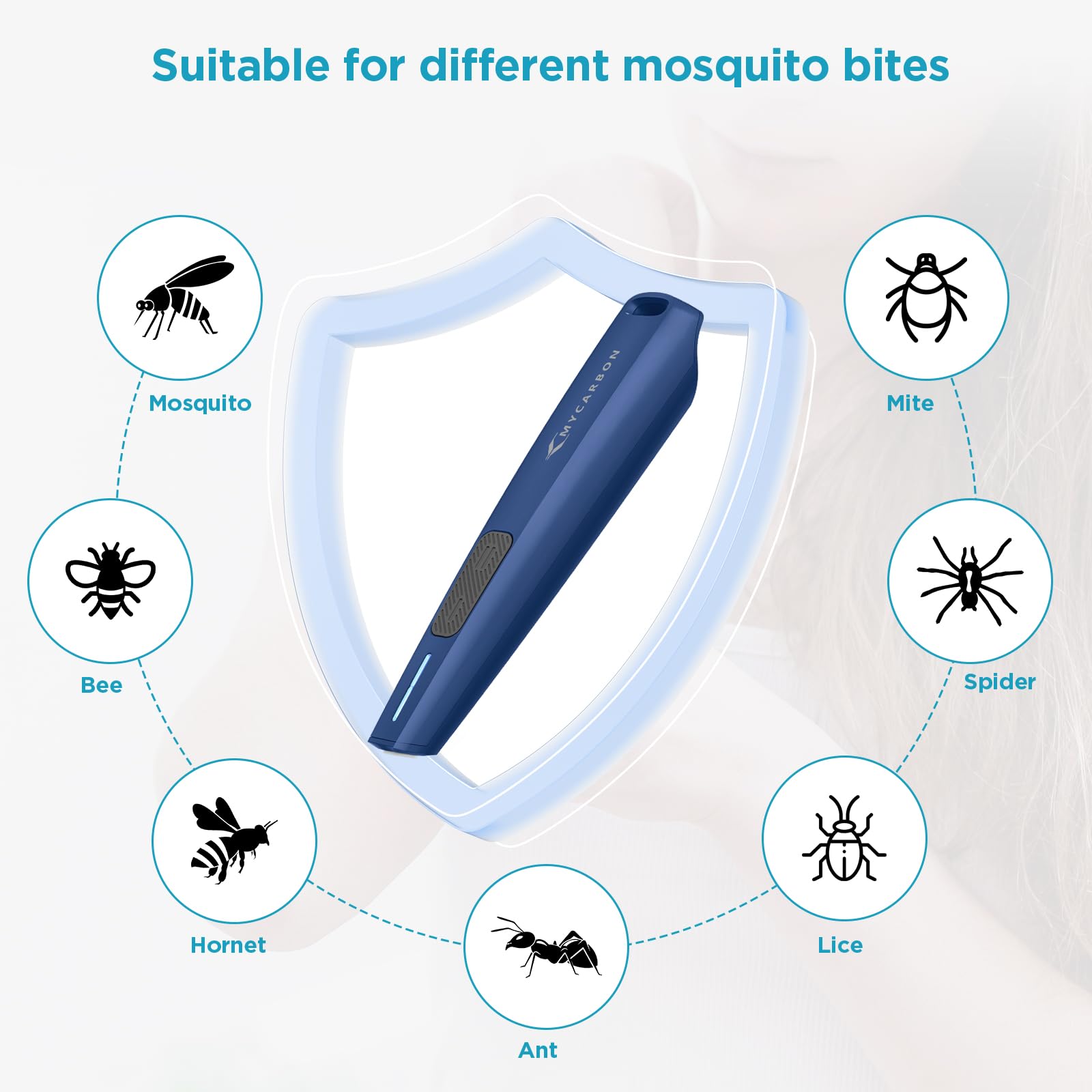 MYCARBON Dispositivo de Tratamiento de Picaduras de Insectos Recargable, 3s Alivia el Picor y la Hinchazón Sin Sustancias Químicas, Pequeño y Portátil 2 Temperaturas (Azul Oscuro)