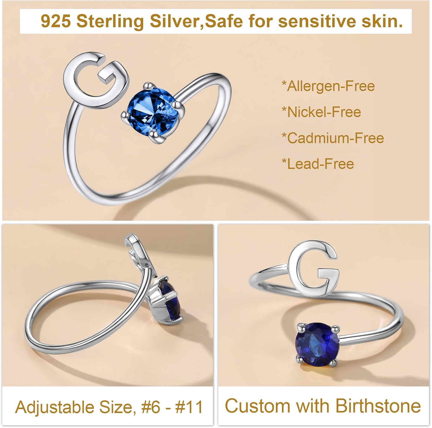 KeyStyle Silver Initial Rings for Women, Adjustable Crystal Letter Stacking Rings, 925 Sterling Silver Custom Birthstone Stackable Captial Name Gifts for Her