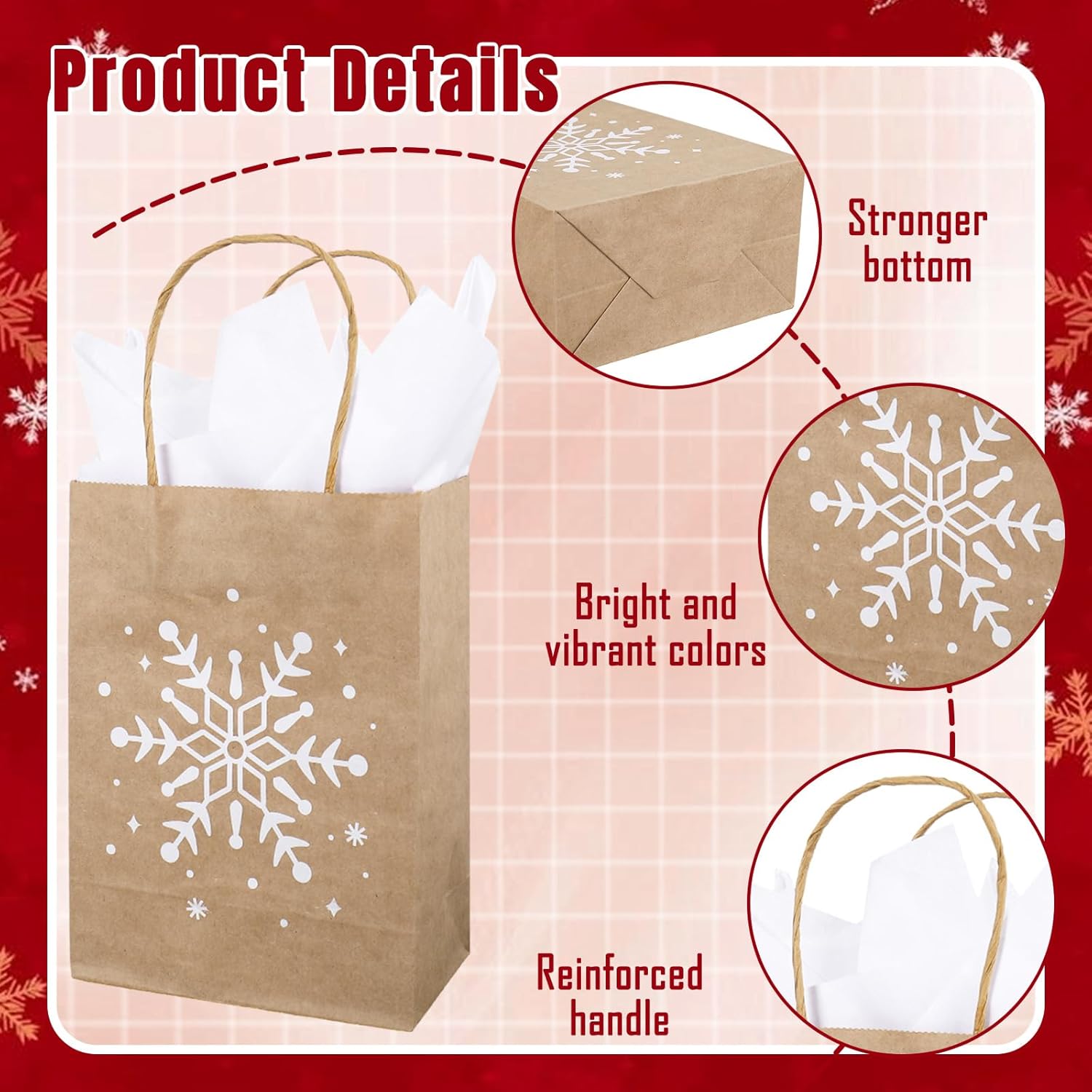 JarThenaAMCS 30Pcs Winter Kraft Paper Bags with 40 Sheets Tissue Paper Christmas Brown White Snowflake Candy Goodie Treat Bags with Handles for Xmas Birthday Baby Shower Holiday Party Favors Supplies - Image 3