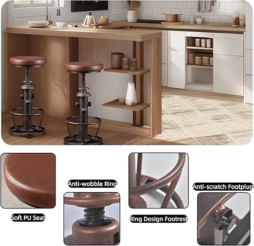 Miniatura 5 de BOKKOLIK Taburetes de bar giratorios vintage, asiento de cuero industrial, taburete de bar, diseño de boca de incendios, silla de comedor de cocina