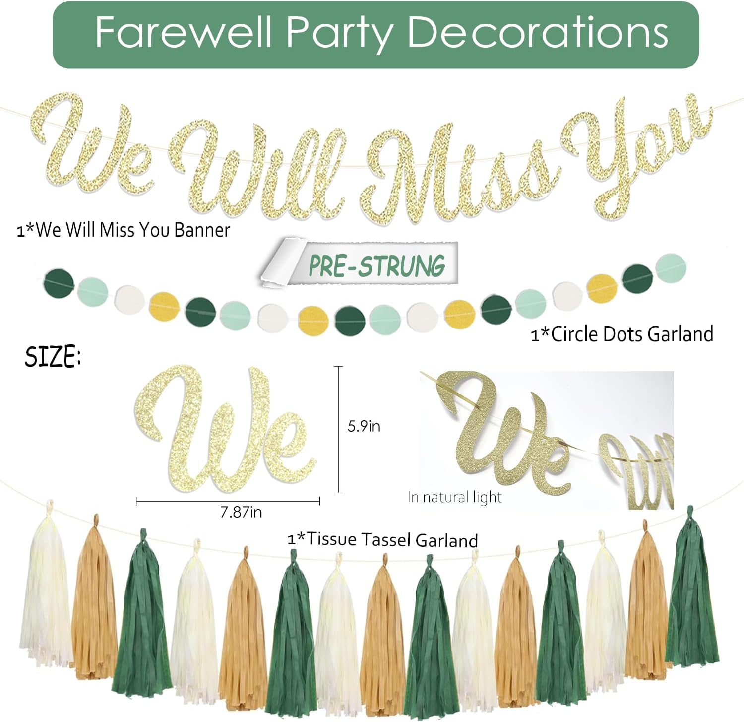 Sage Green Farewell Party Decorations, Gold We Will Miss You Banner Honeycomb Balls, Lanterns, Paper Fans Garland Set For Going Away/Leaving/Retirement Party Décor Men Women Coworker Friends Goodbye