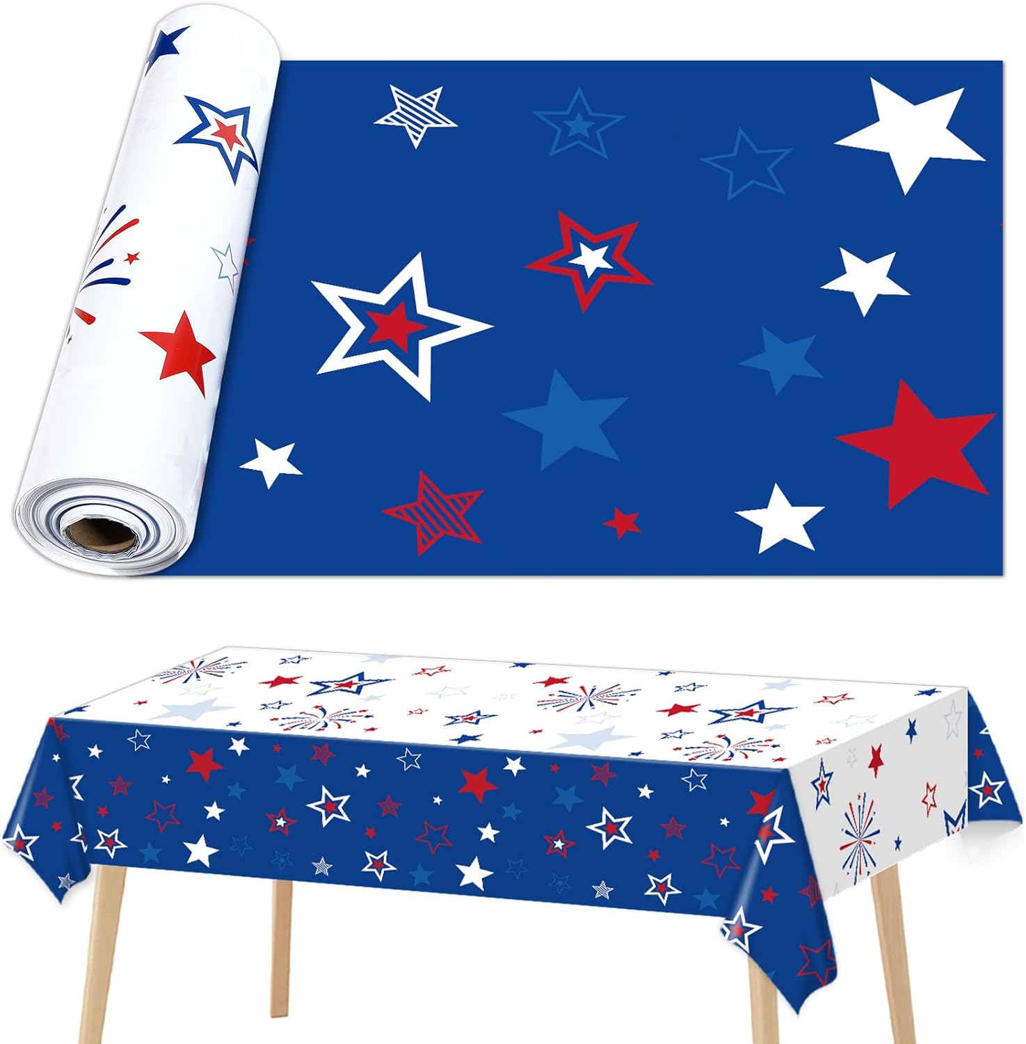 party greeting Patriotic 4th of July Tablecloth Roll for Independence Day 100ft x 51inch Memorial Day Table Cover with Red White Blue Star Veterans Day Backdrop for Patriotic Themed Party Supply