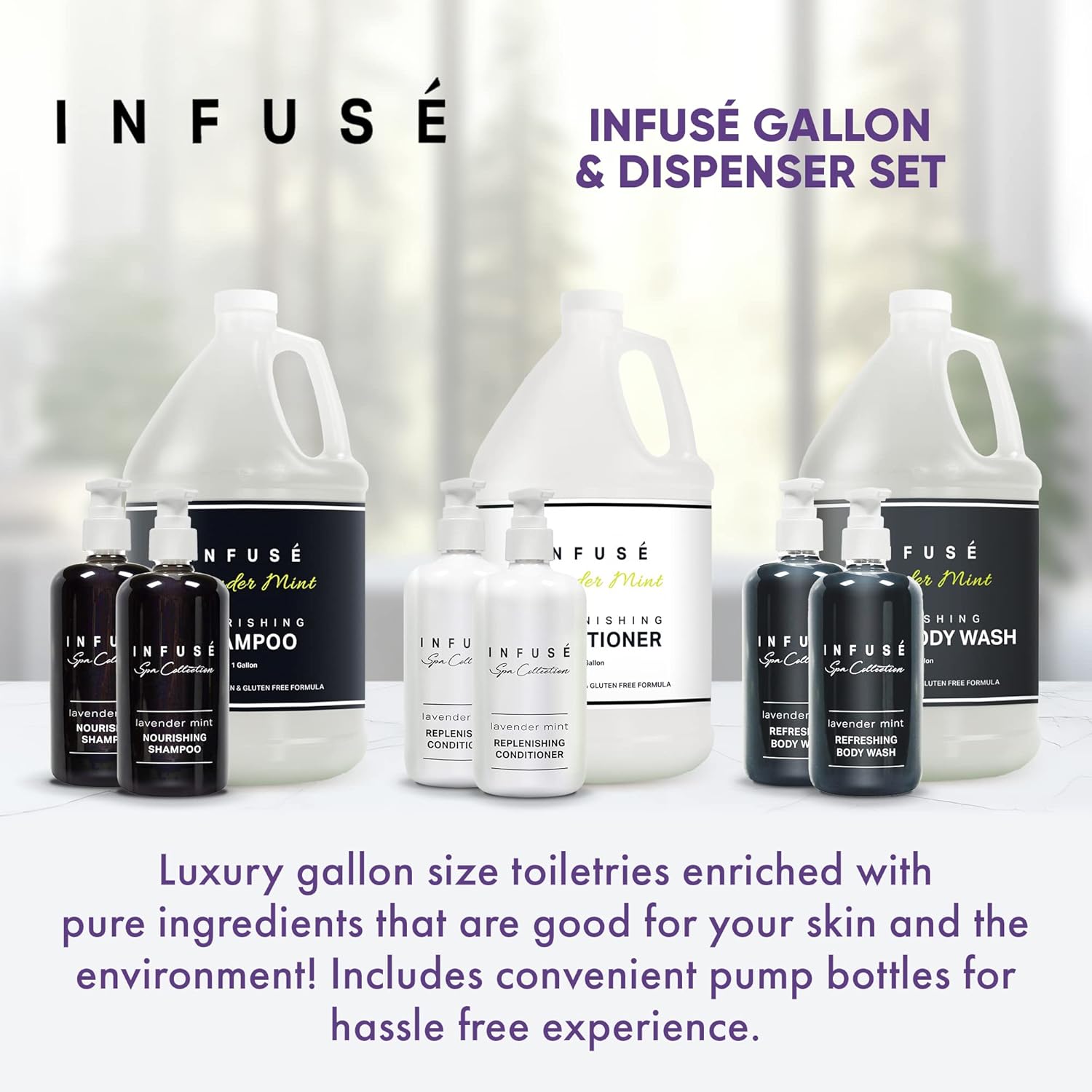 Infuse Lavender Mint Gallon & Dispenser Set | 1-Shoppe Amenities Kit | Shampoo, Conditioner, Body Wash | Refillable 10.14 oz Pump Bottles - Image 2