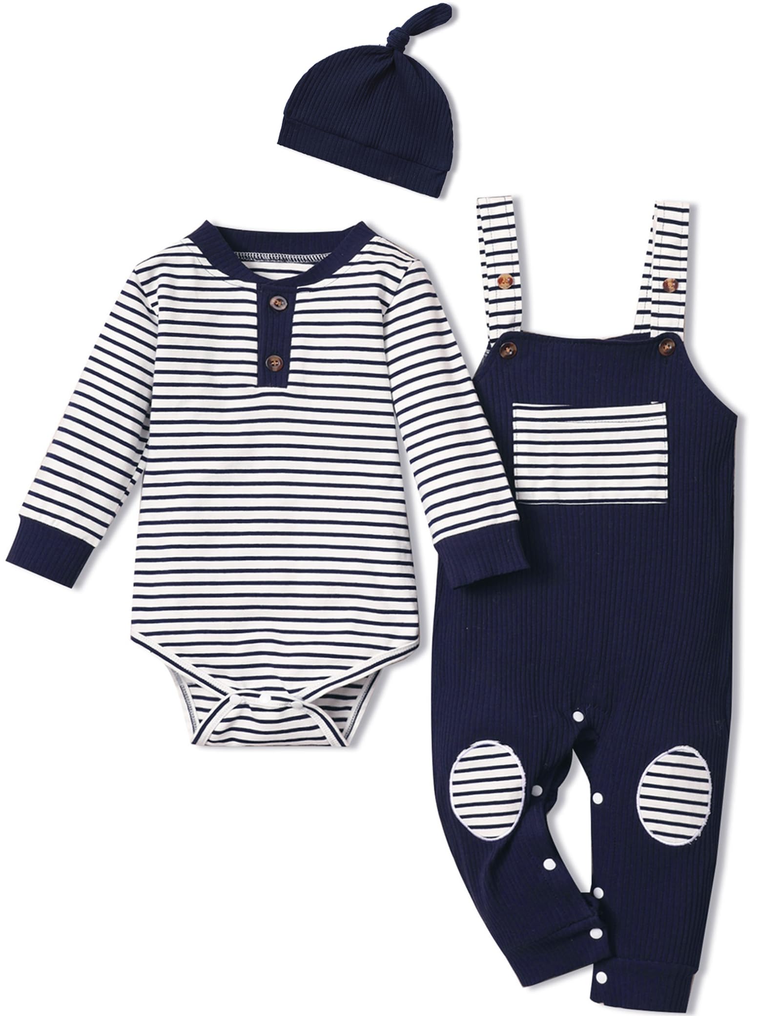 Sislerew Baby Boy Outfits Stripe Print Romper Top and Baby Overalls with Hat Baby Boy Clothes Fall Winter