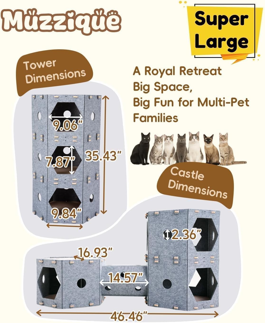 Large Cat Tunnel House Bed for Indoor Cats, w/Hair Brush, DIY Expandable Modular Felt Pet Castle, Clawsable Multi Layer Kitten Scratcher Nest, Peekaboo Small Dogs Puppy Cave, 3 Perch Kitty Furniture