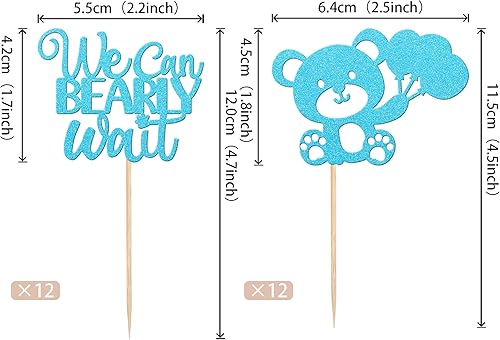 Miniatura 2 de 24 piezas de decoración de cupcakes con la frase "We Can Bearly Wait Cupcake Toppers Glitter Balloon Bear Cupcake Picks for Gender Reveal Baby Bear