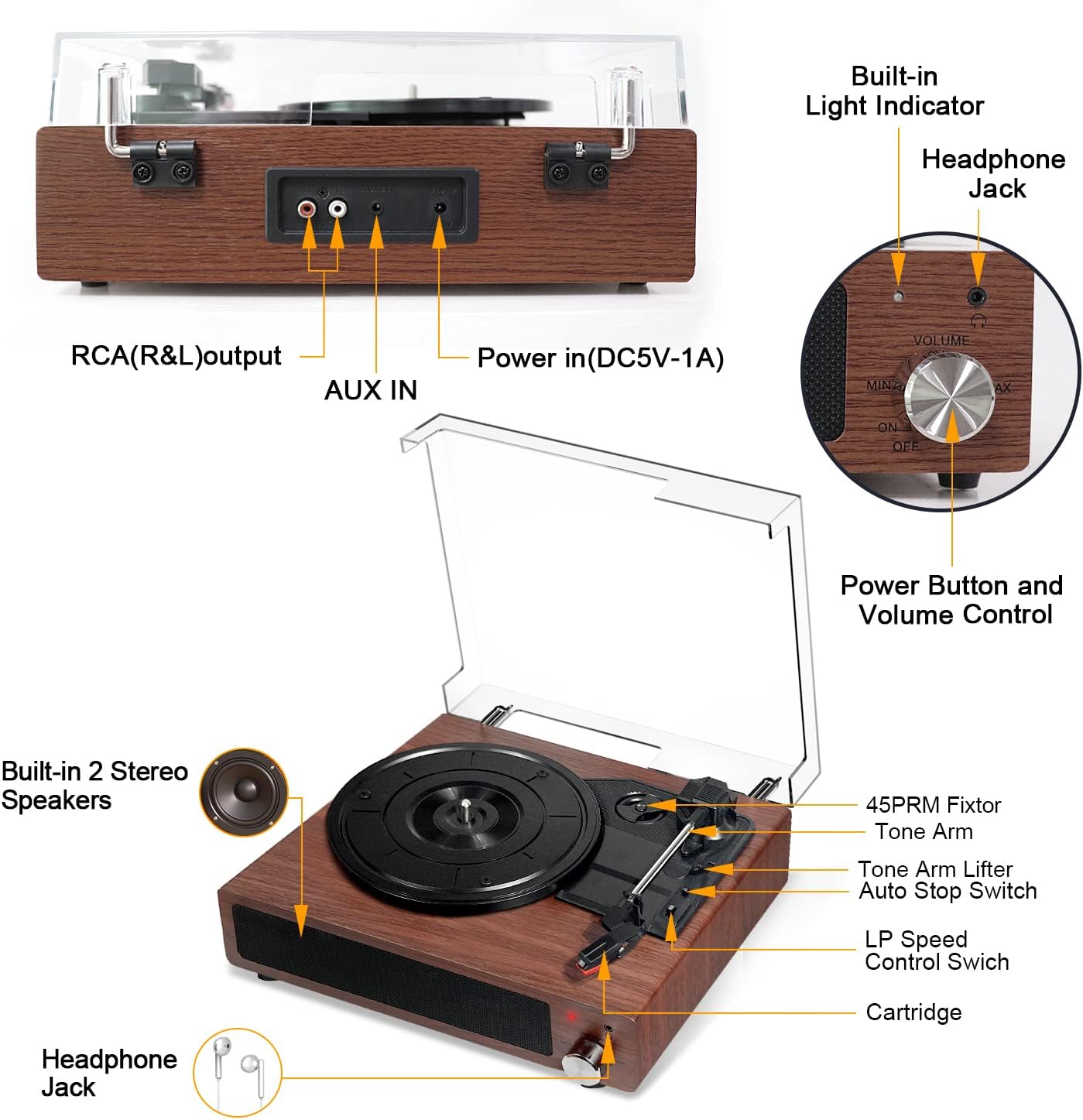 Record Player, FYDEE Bluetooth Turntable with 2 Built-in Stereo Speakers, 3-Speed 33/45/78 RPM LP Vinyl Player, Vintage Vinyl Turntable Player Supports Headphone Jack/Aux Input/RCA Out - Walnut