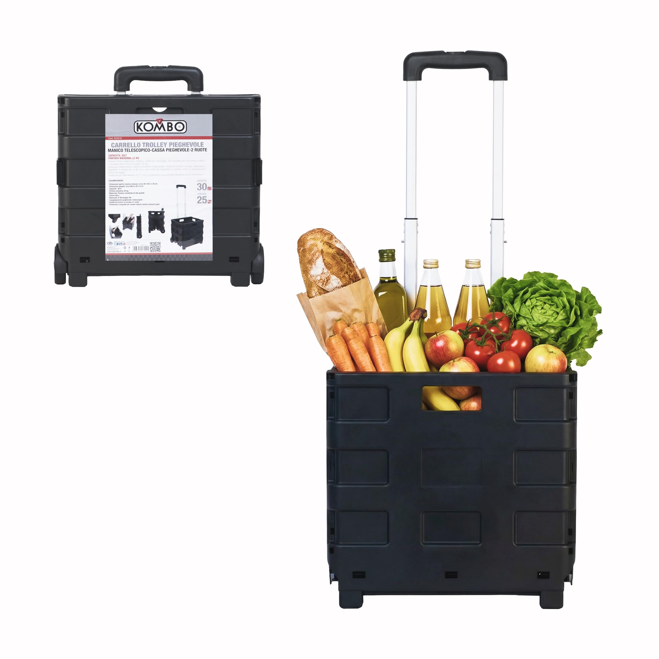 KOMBO - Carrello Trolley Pieghevole Portatutto con Ruote e Manico Telescopico Estensibile 38x83,​5x33 cm – Box in Plastica Rigida Richiudibile