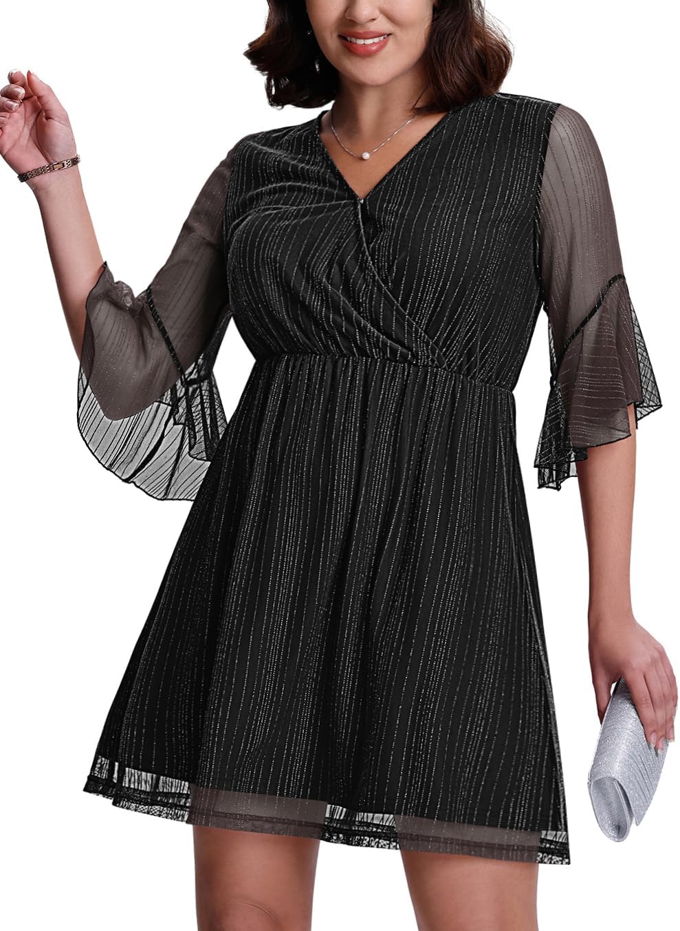 SeSe Code Women's 3/4 Ruffle Sleeve Wedding Guest Dress 2025 Wrap V Neck Mesh Sequin Cocktail Party Dresses