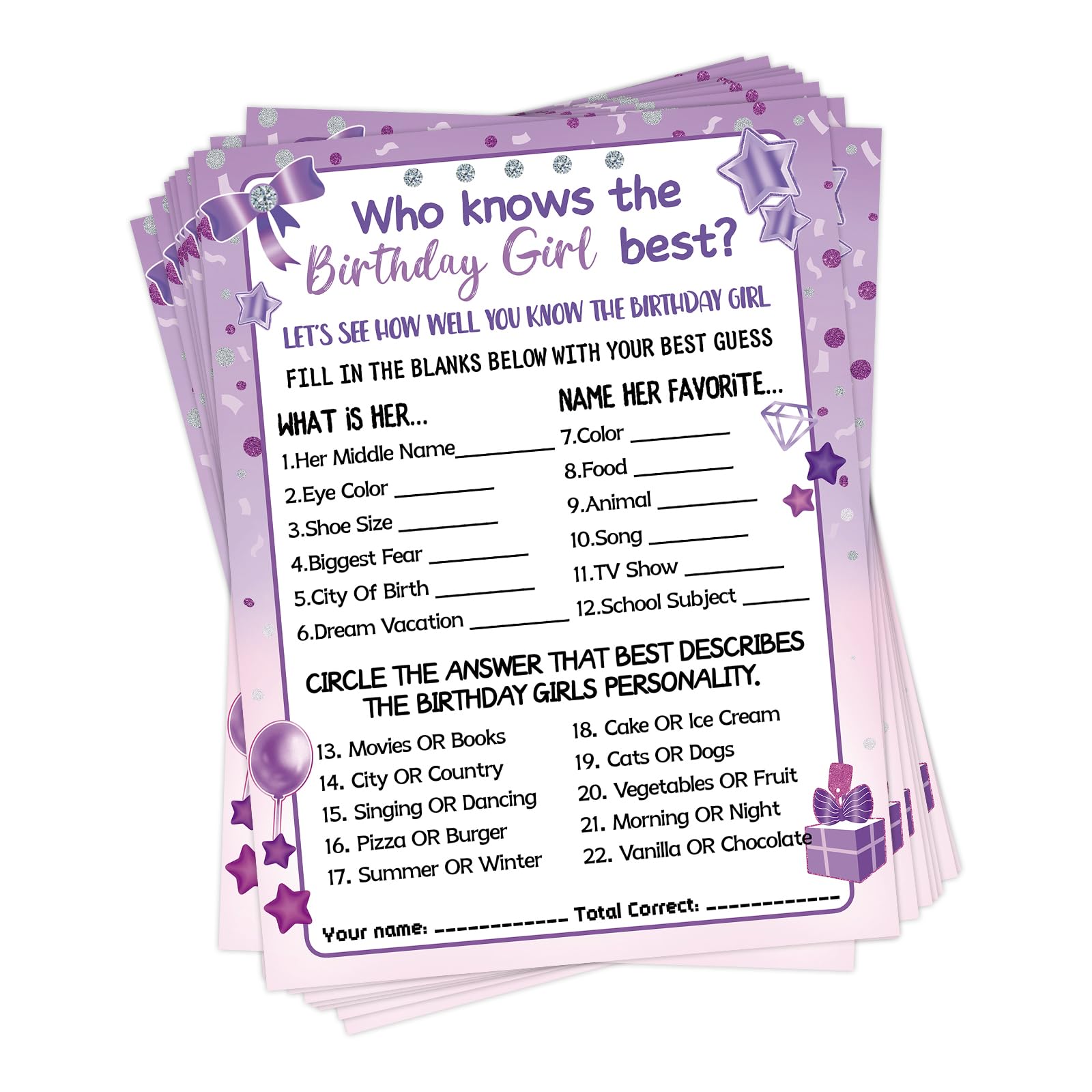 HOMANGA Who Knows The Birthday Girl Best, Birthday Would She Rather, Birthdays Game Cards for Girls Her - 6x8 inch Set of 30 (Purple, Double-sided)