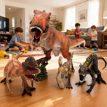 4PCS Realistic Dinosaur Figures Playset, Large T-Rex with Movable Mouth, Dilophosaurus, Indoraptor, Oviraptor Dinosaur Toys, Solid Plastic Action Figures for Kids 3+ Educational Gift