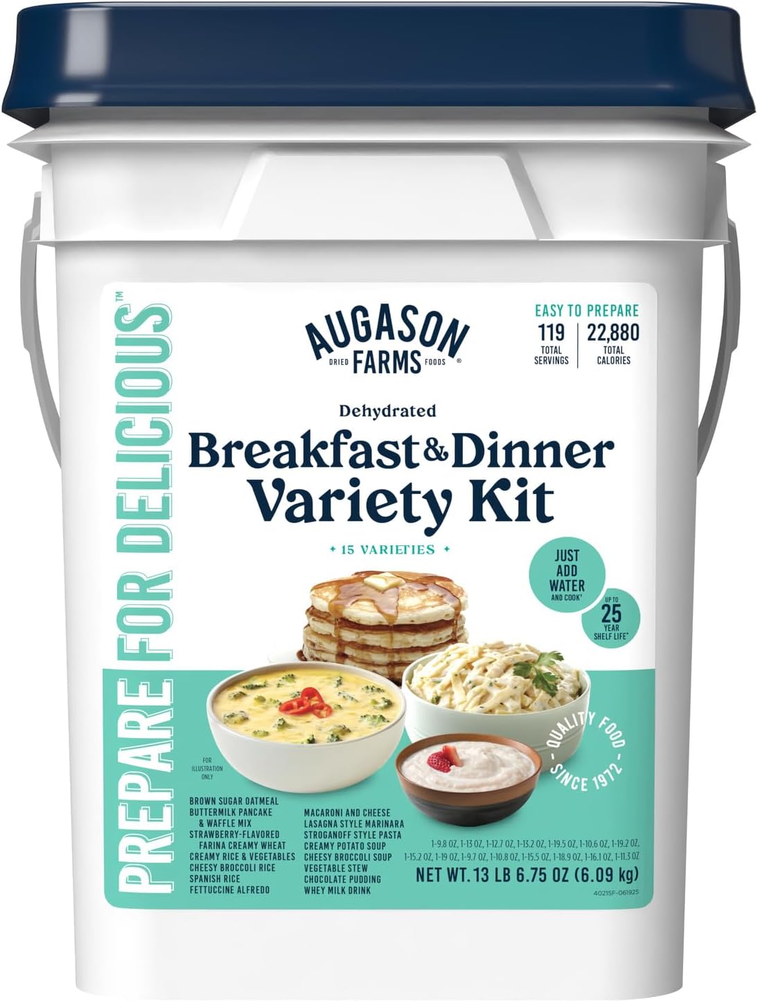 Augason Farms Breakfast and Dinner Selection Equipment, Emergency Meals Provide Dehydrated Meal Survival Bucket – 119 Servings
