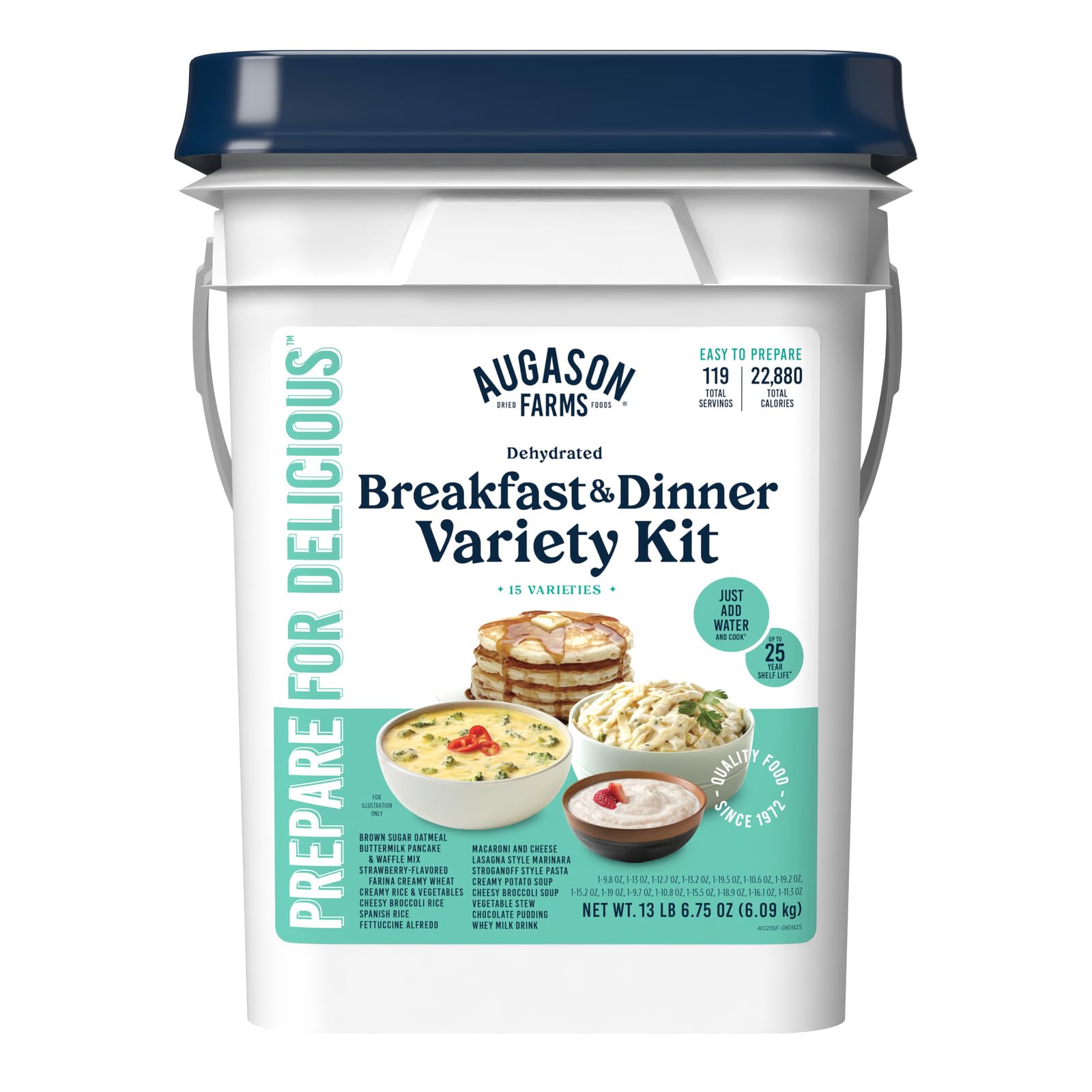 Augason Farms Breakfast and Dinner Variety Kit, Emergency Food Supply Dehydrated Meal Survival Bucket - 119 Servings