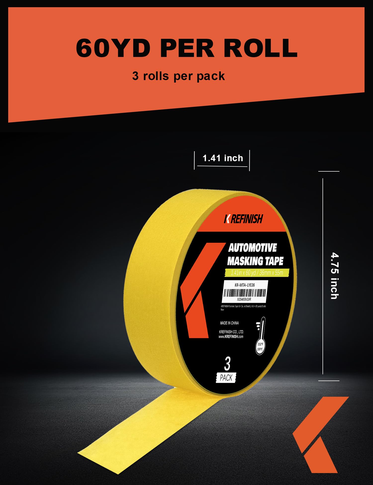 Fita Para Pintura Automotiva KREFINISH - Amarela 1,41 Pol. X 3 Rolos