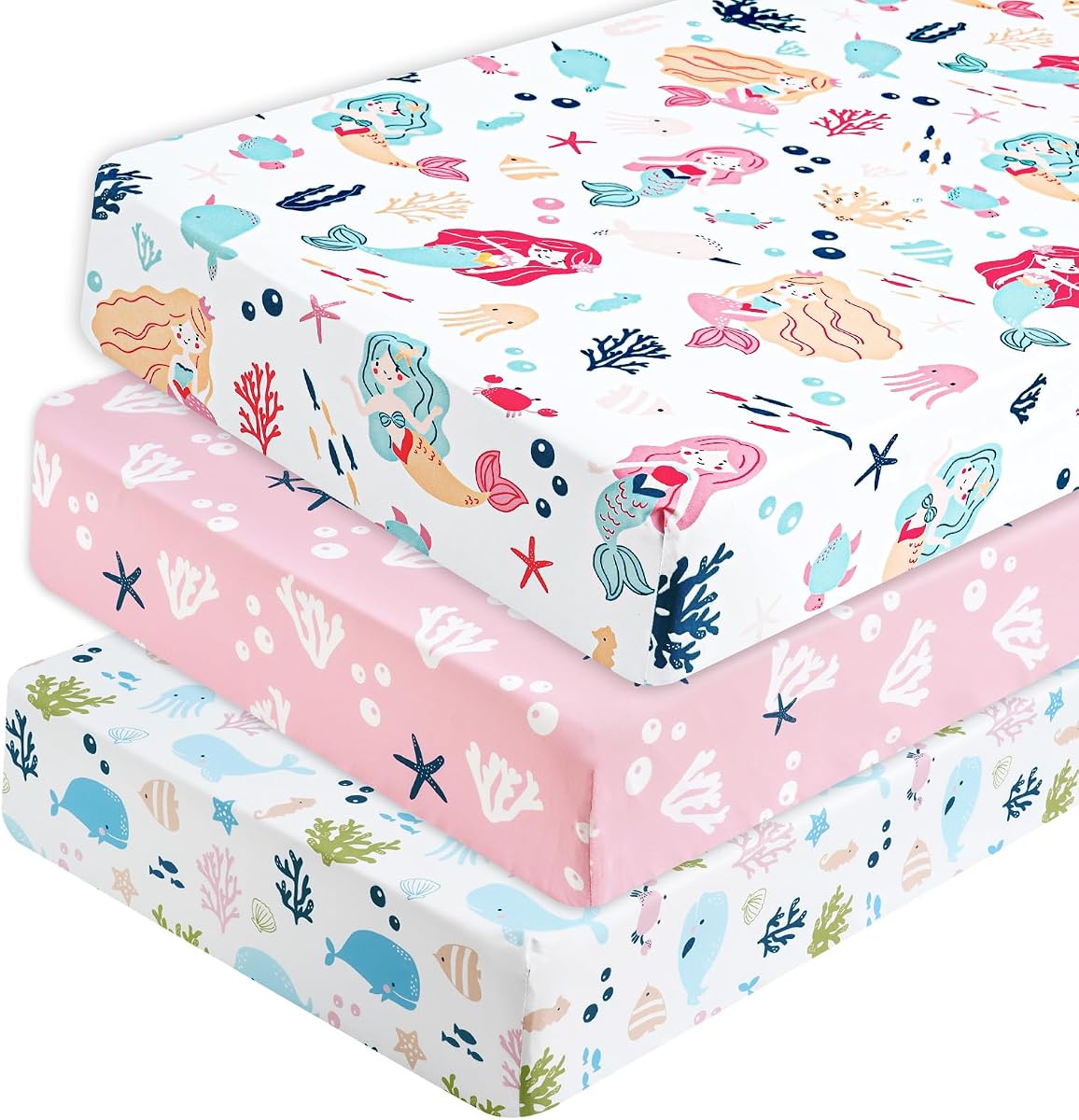 PHF 3 Pack Soft Mermaid Crib Sheets Fitted, Silky Comfy Breathable Baby Sheets for Boys Girls Neutral, 28x52 Inches Fits Standard Crib and Toddler Mattresses, Mermaid