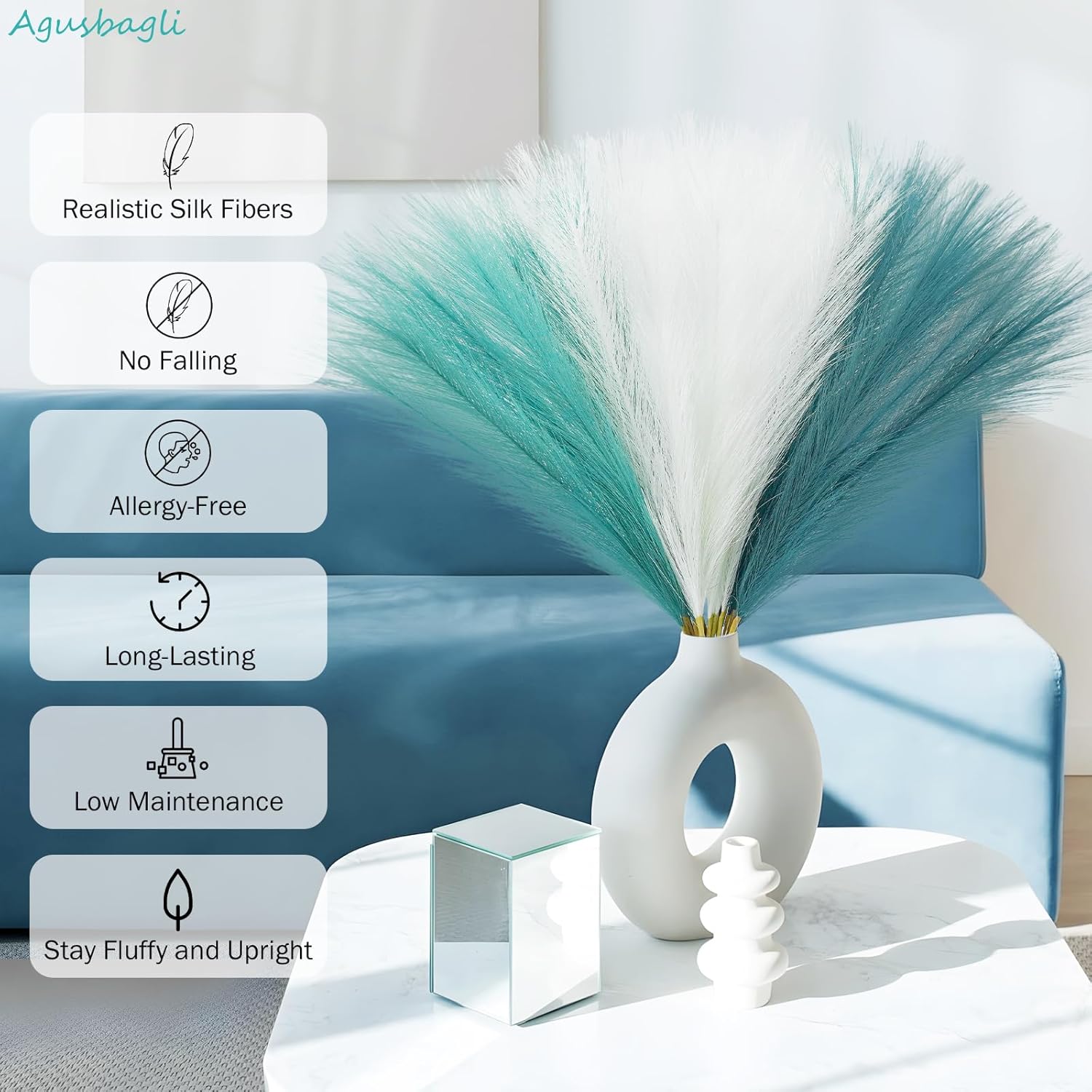 Agusbagli 150pcs Teal Blue Faux Pampas Grass, 21.6in Fluffy Artificial Colored Pompas Grass Short Blush Fake Pampas Stems Vase Filler Flower Arrangement for Home Wedding Centerpieces Boho Decor