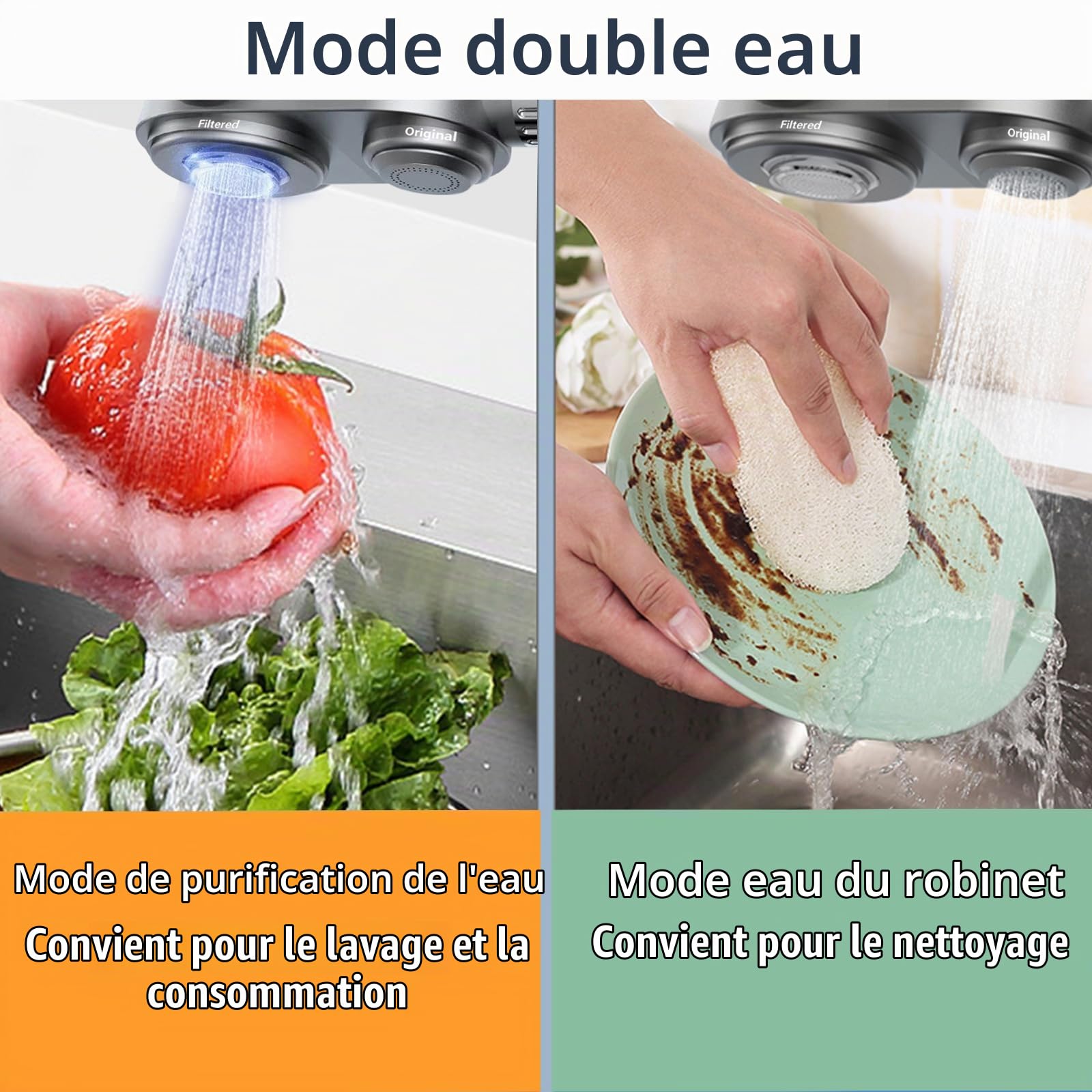 Robinet filtrant à eau, robinet filtrant le calcaire, filtre à eau potable, filtre pour robinet élimine le chlore, les métaux lourds et les mauvais goûts (avec 1 filtre, 12 adaptateurs)