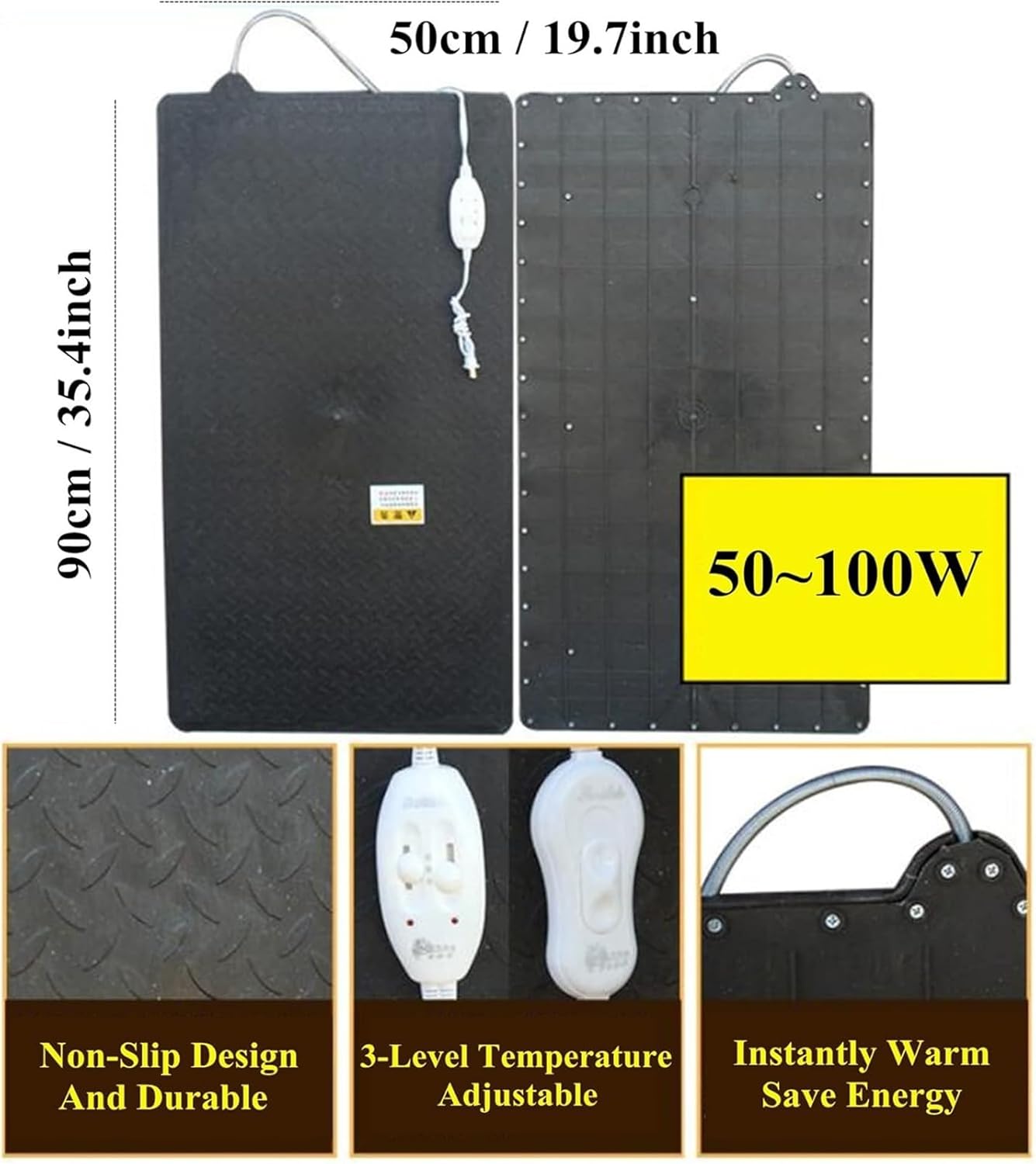 Chicken Coop Heater Pad, Brooder Heater Mat, 3 Heating Modes Instant Warm & Waterproof Design, Outdoor Pet Cage Warmer, Animal House Heat Panel,Stainless Steel (Color : Black, Size : 90x50cm)