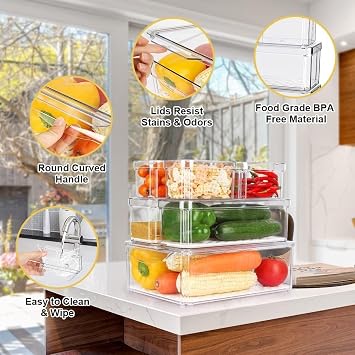 7 Pack Fridge Storage Containers with Lids,Clear Food Storage Boxes with Drain Tray,Stackable Fridge Organisers,Plastic Refrigerator Storage Bins Set for Kitchen,Pantry,Cabinet