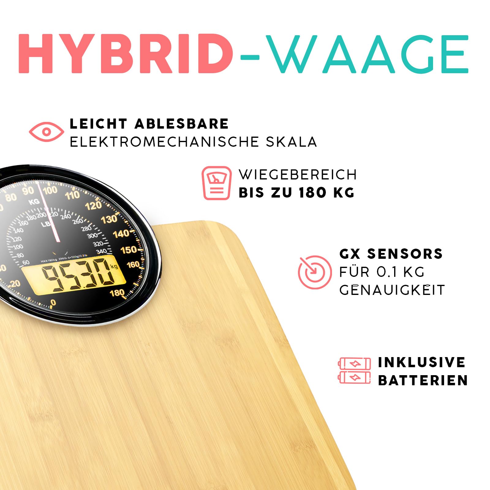 Hybrid Personenwaage - Analog & Digital, Präzise bis 180 kg | Gewicht auf Analogzifferblatt und LCD ablesen. Breite Glasplattform, 3 AAA Batterien inklusive, sofort einsatzbereit.
