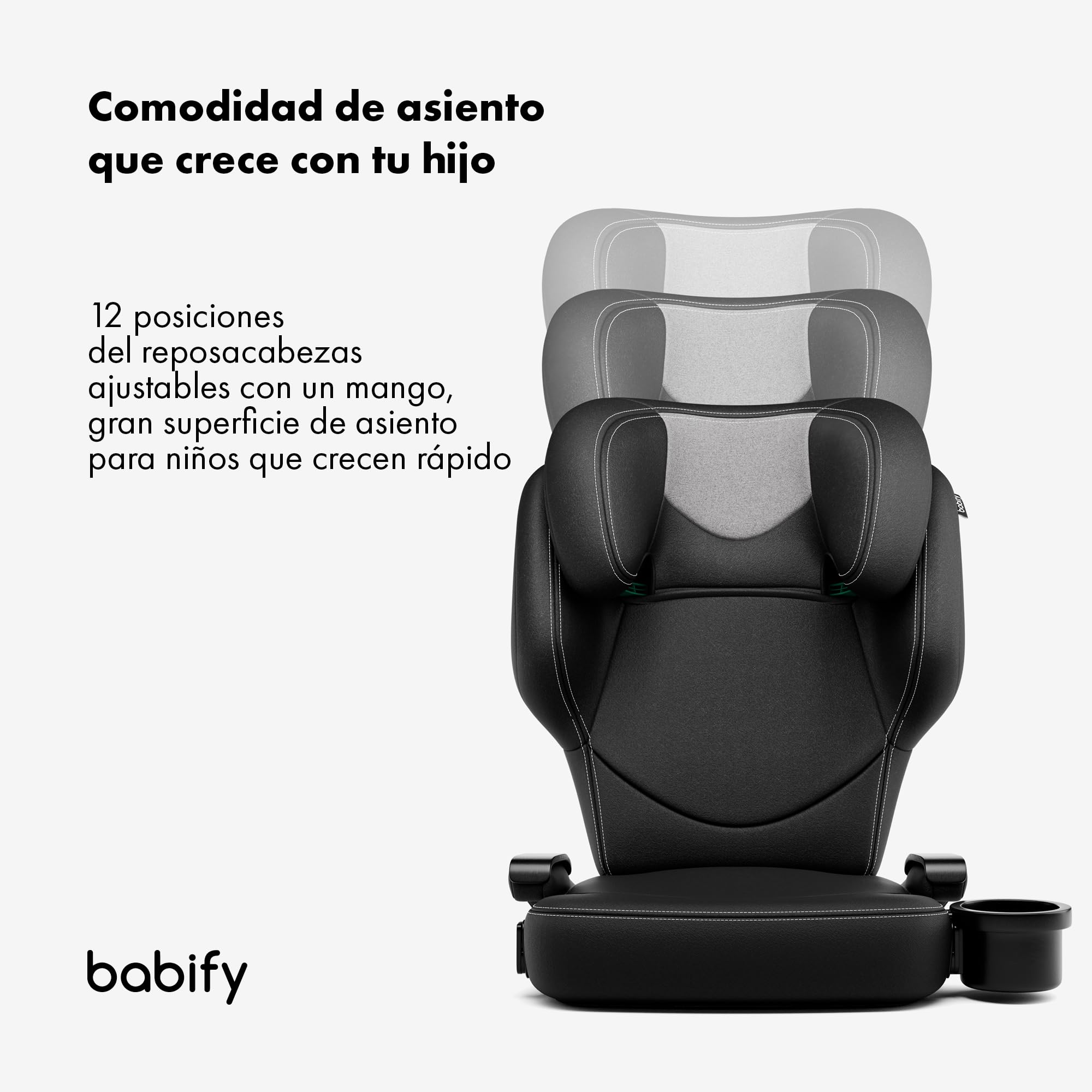 Babify Silla Coche Isofix 15-36 kg - para Niños 3-12 Años, Reposacabezas Ajustable 12 Posiciones, Portavasos Extraíble, Plegable, Funda Lavable, Cumple R129 UE, Negro