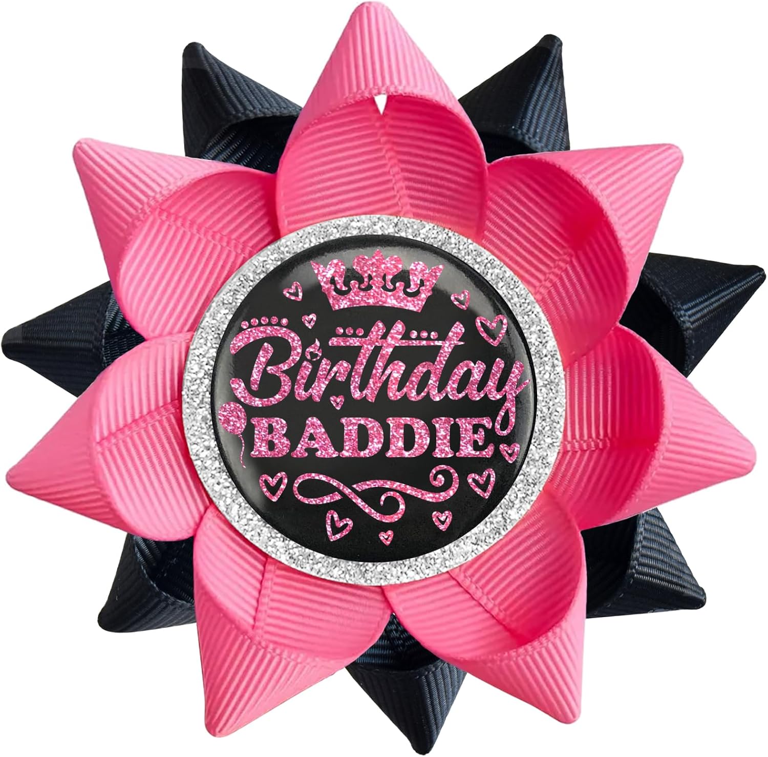 Handmade Birthday Baddie Button, Happy Birthday Button Pins for Girls or Women, Black Hot Pink Grosgrain Ribbon Pins for Birthday Party Decorations Supplies Gifts Ideas (3.75 * 3.75inch)