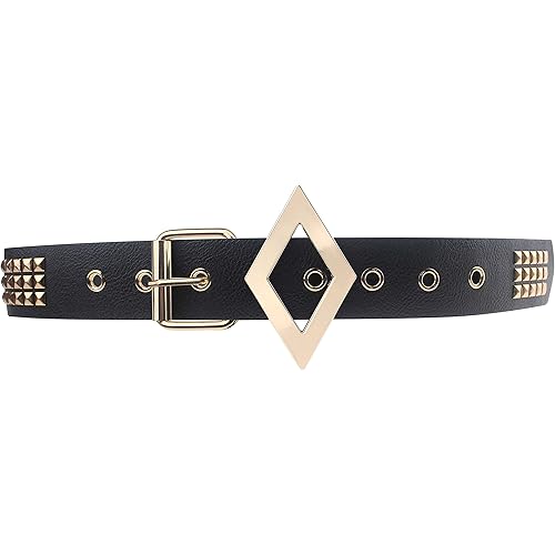 Coolcoco Black Leather Gold Studded Belt with Metal Buckle for Women Girls Cosplay Accessory Outfit