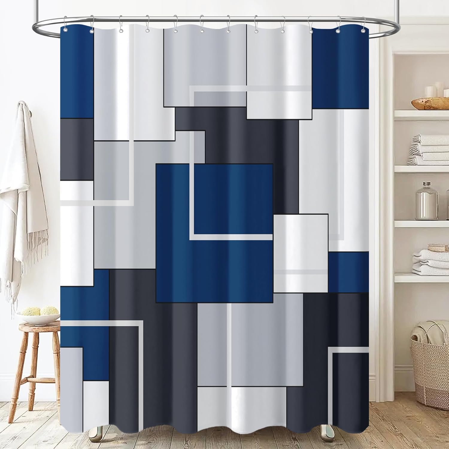 BTTN 78 Inches Long Fabric Shower Curtain - 72x78 Geometric Waterproof Cloth Shower Curtains Set with Plastic Hooks, Tall Hotel Spa Modern Luxury Polyester Shower Curtain for Bathroom, Navy Blue