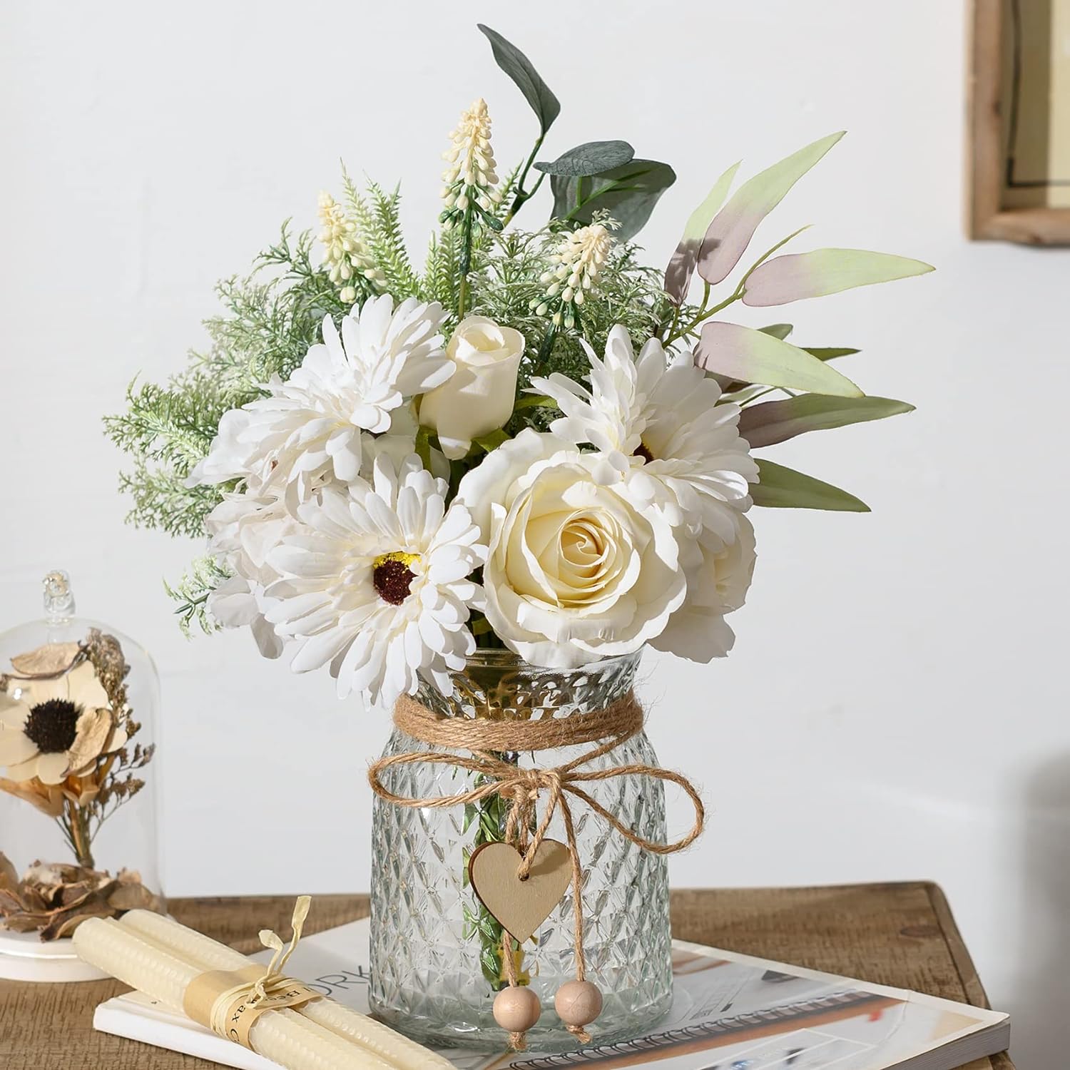 COZZI CODI Artificial White Flowers with Vase, Fake Flowers Arrangement for Home