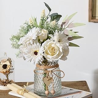 Artificial White Flowers with Vase, Fake Flowers Arrangement for Home Decor, Faux Flowers for Farmhouse Coffee Table Decor, House Kitchen Centerpiece Table Decorations
