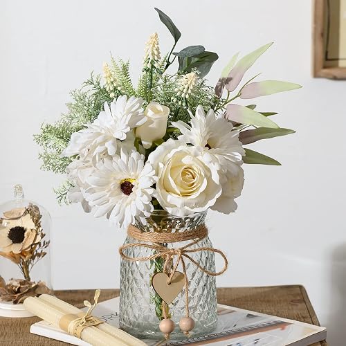 Artificial White Flowers with Vase, Fake Flowers Arrangement for Home