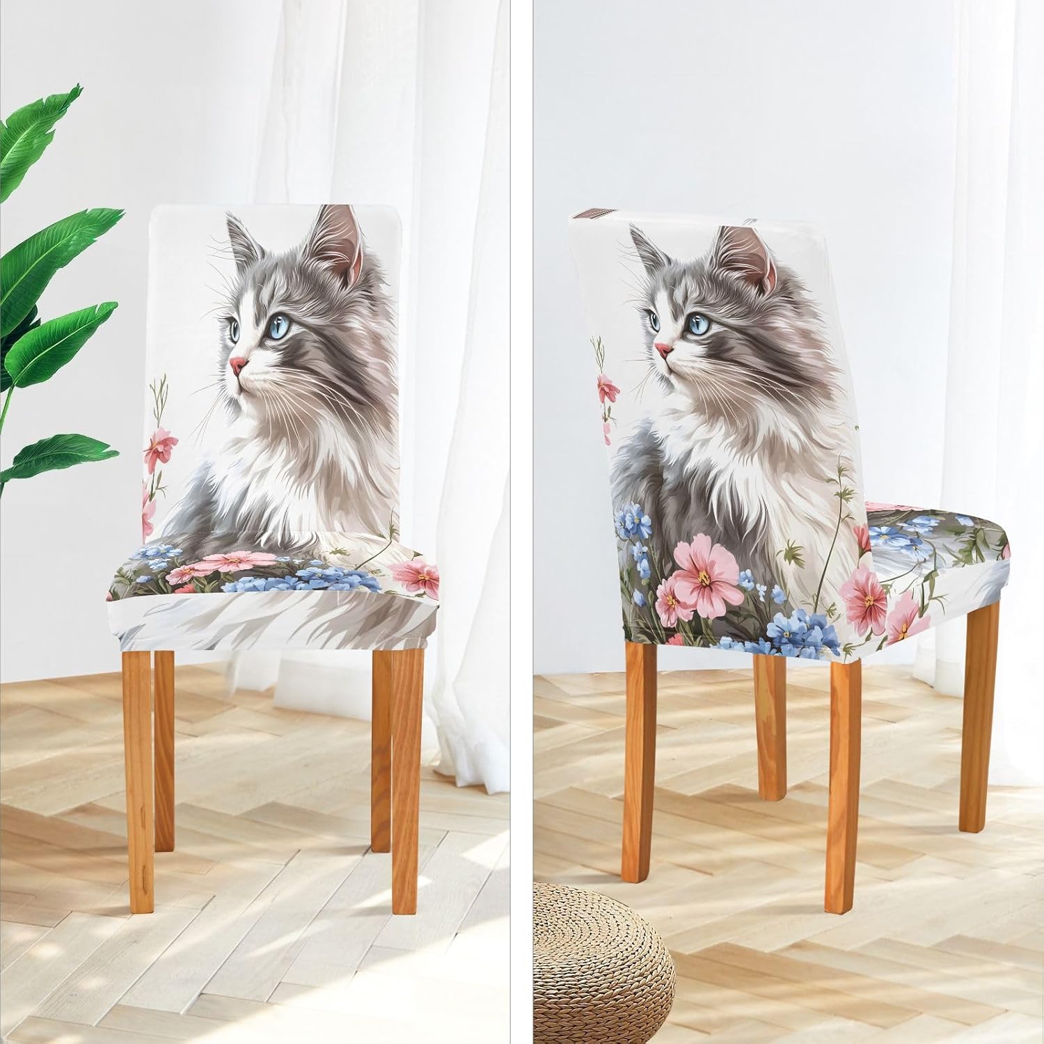 ALAZA Chair Covers for Dining Room, Black and White Cat Flower Stretch Chair Cover Sets Chair Protector Removable Washable for Ktichen Restaurant Hotel
