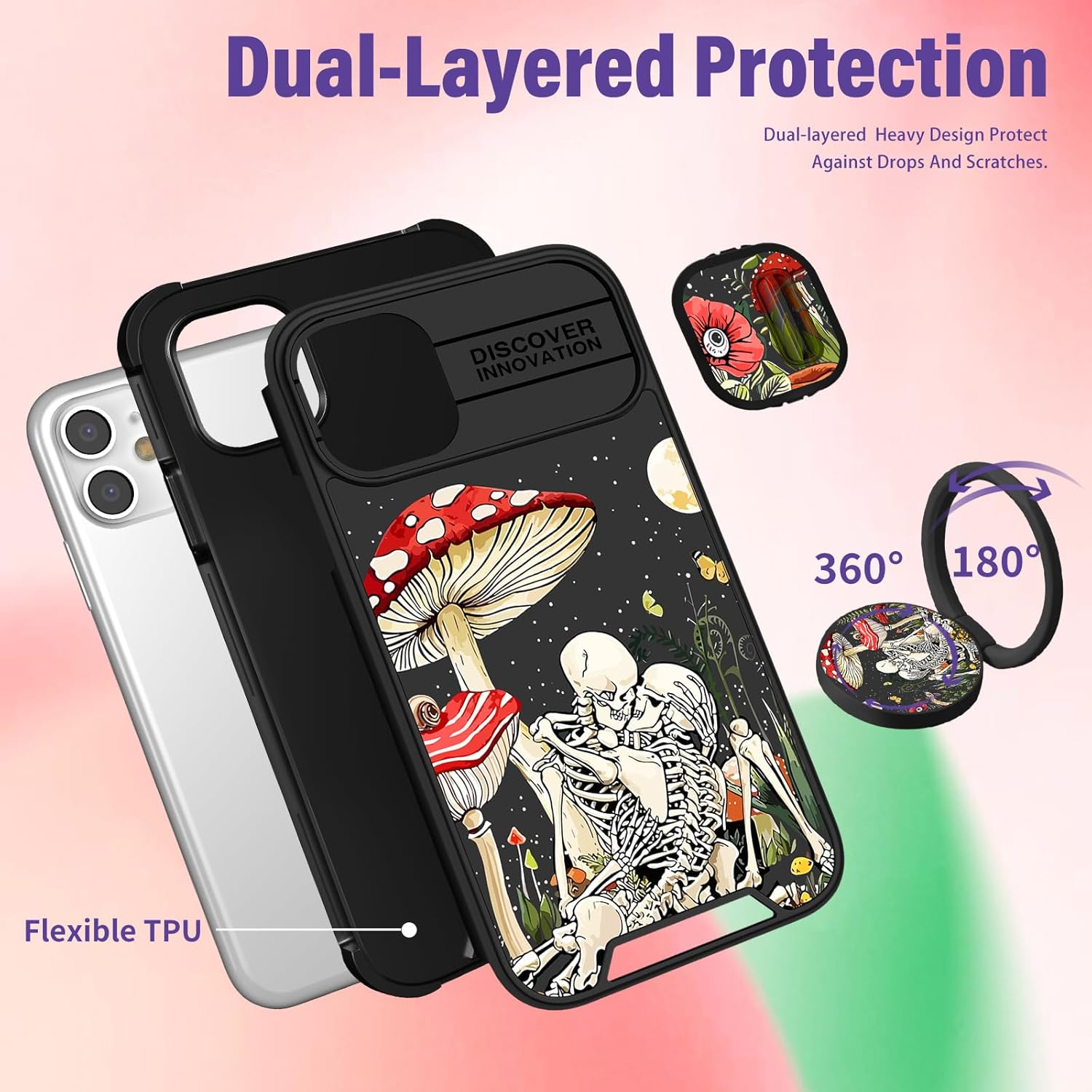 (2in1 for iPhone 11 Case for Women Cute Girls Skull Phone Cover Skeleton Goth Fun Funny Spooky Horror Gothic Scary Unique Design with Camera Cover and Ring Stand Funda for Apple 11 Case - Image 5
