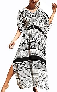 Bsubseach Women Striped Beach Kaftan Dresses Side Spilt V Neck Caftan Swimsuit Cover Ups for Swimwear Black White