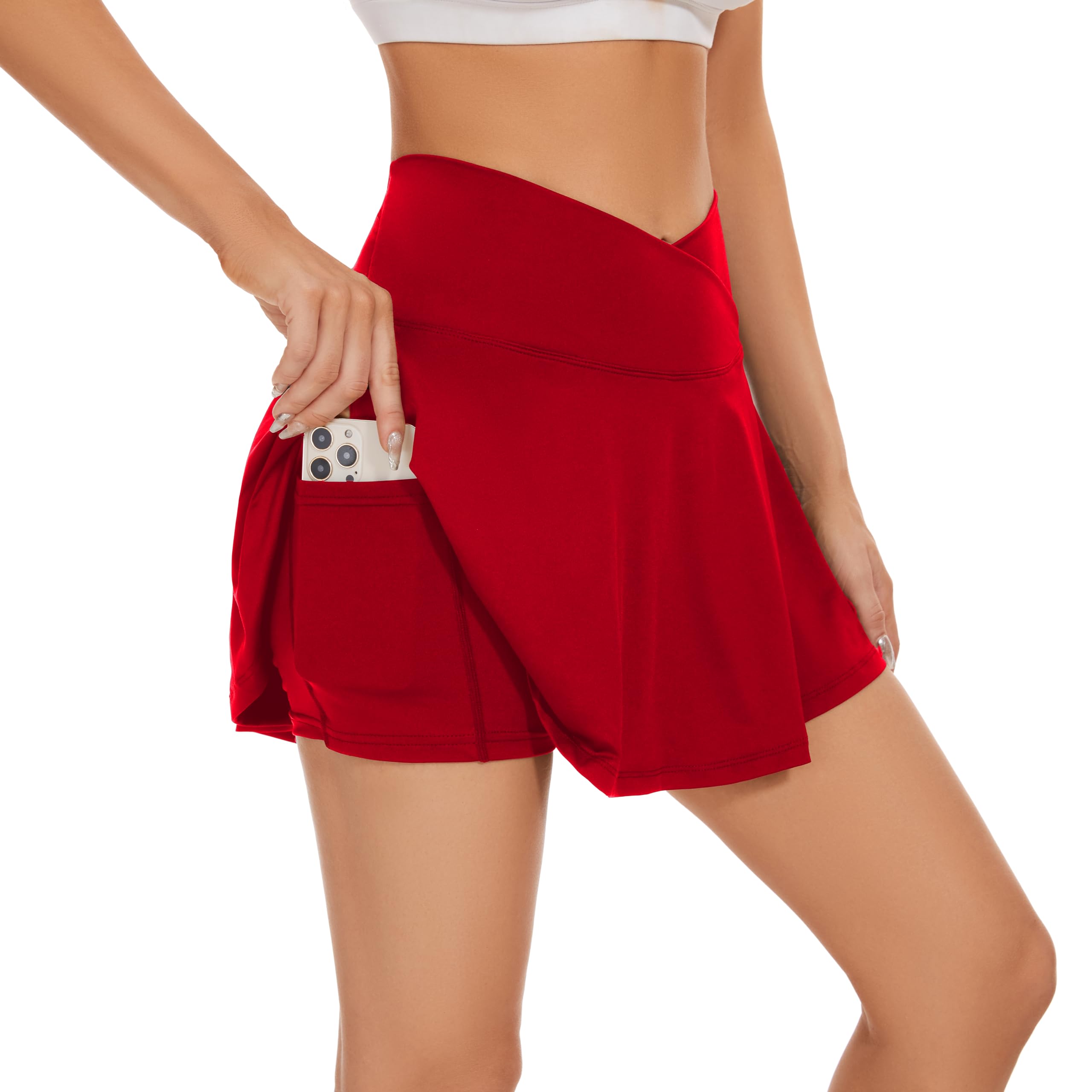 bpbtti Paquete de 1 o 2 Faldas de Tenis Cruzadas con Bolsillos, de Cintura Alta, Plisadas, Pantalones Cortos Integrados para 2024, Rojo -, Large