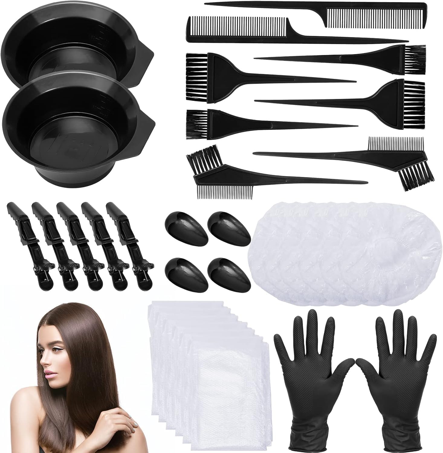 33 Pieces Hair Dye Brush And Bowl Set,Hair Dye Brush/Comb,Hair Tinting Bowl,Ear Cover,Shower Cap,Shawl, Alligator Clip,Gloves For Hair Coloring，Bleaching Hair DIY Salon Hair Coloring Kit