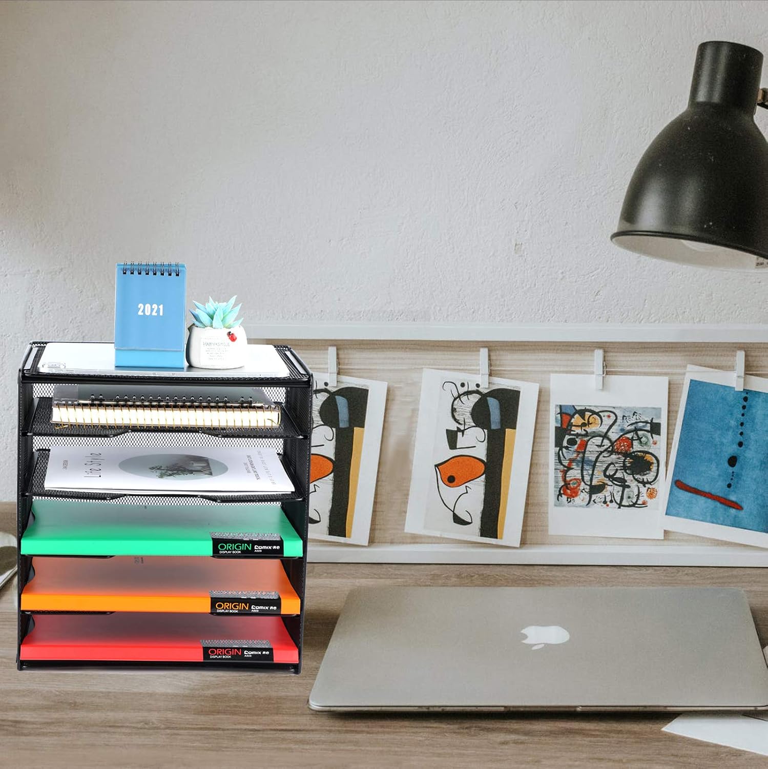 Samstar 2 Pack Paper Letter Tray, Mesh Desk File Organizer with 5 Tier Shelf and Sorter, Black