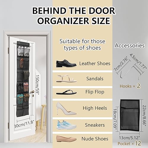 Miniatura 2 de Organizador de zapatos para colgar sobre la puerta, 12 bolsillos de malla con 4 ganchos de metal (gris)