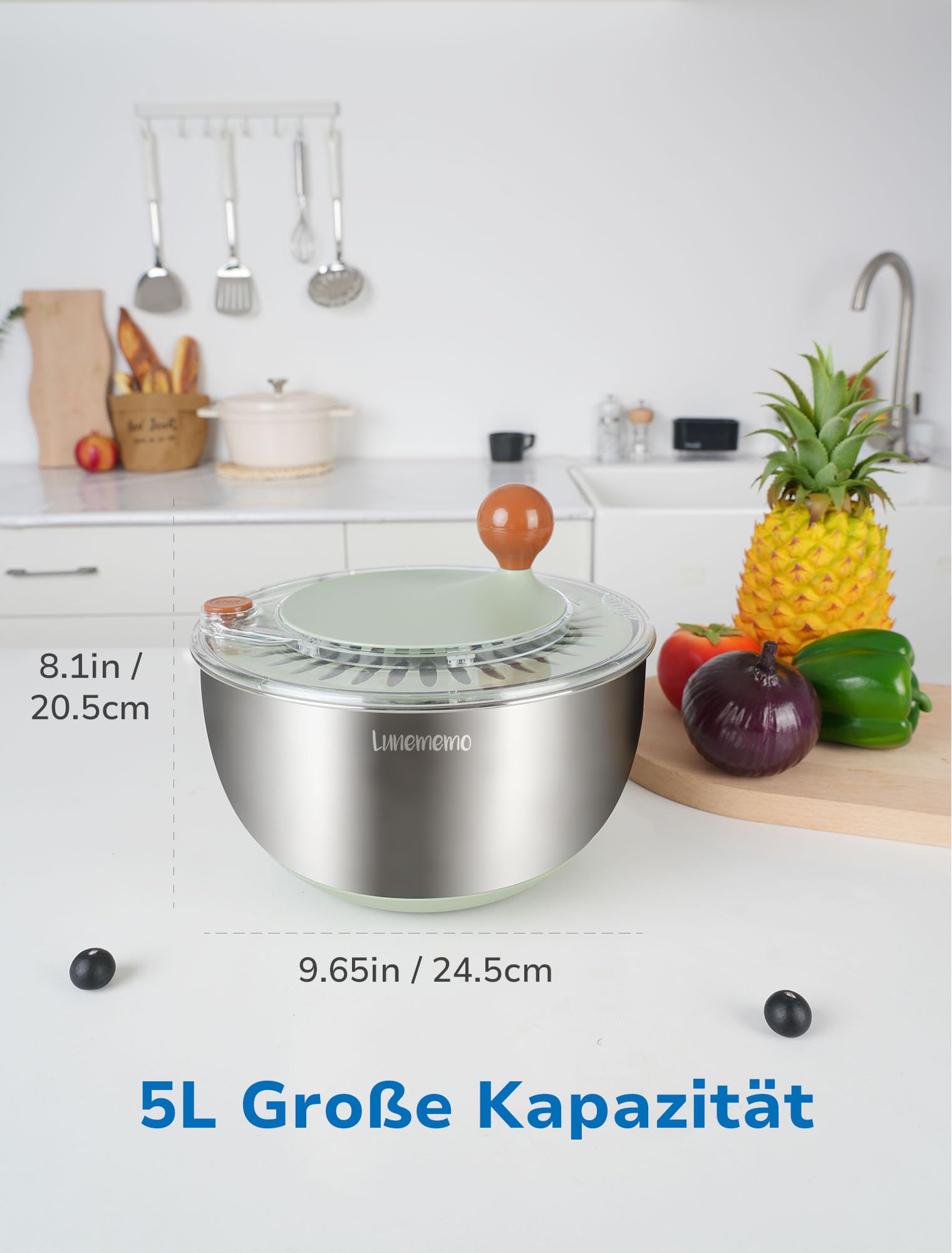 Lunememo 5L Salatschleuder Edelstahl 18/10, Rutschfester Boden & Stopptaste, Groß Salat Schleuder mit Deckel, BPA-frei