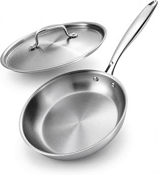 Fortune Candy 8-Inch Fry Pan with Lid, 18/8 Stainless Steel Skillet, Oven Safe to 450F, Induction Compatible, Dishwasher Safe
