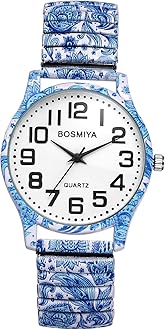 Women's Stretch Band Watches: Ladies Boho Printed Elastic Strap Easy Reader Analog Quartz Bangle Wrist Watch