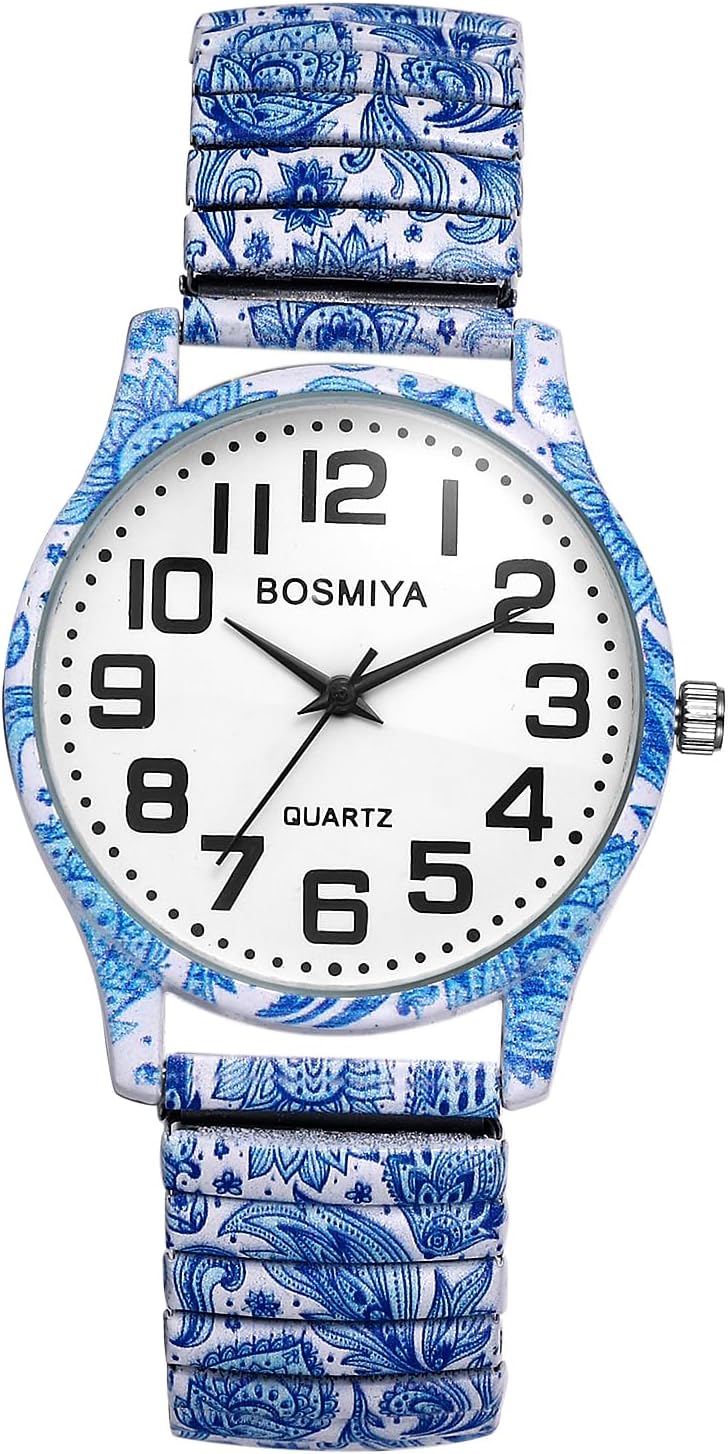 Women's Stretch Band Watches: Ladies Boho Printed Elastic Strap Easy Reader Analog Quartz Bangle Wrist Watch