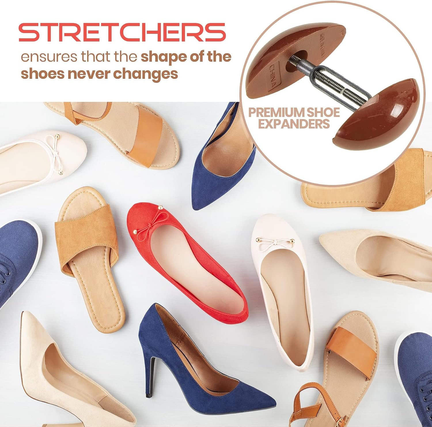 Shoe Stretcher Total of 4 Stretchers, Shape Extenders and Width Extender for Men's & Women's Shoes or Boots, 2 Pairs, Brown