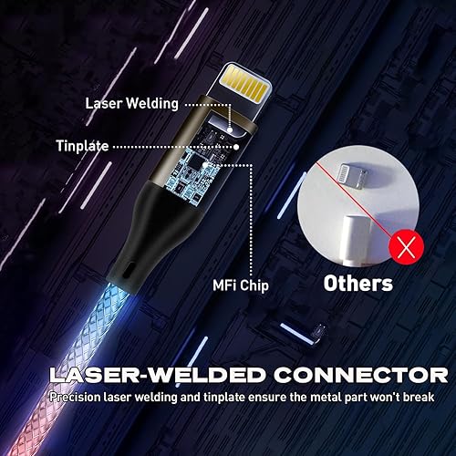 Miniatura 4 de Cable de carga para iPhone, cables Lightning LED de 6 pies  Certificado Apple MFi  Cable de carga rápida USB para Apple iPhone 13, 12, 11 Pro Max,