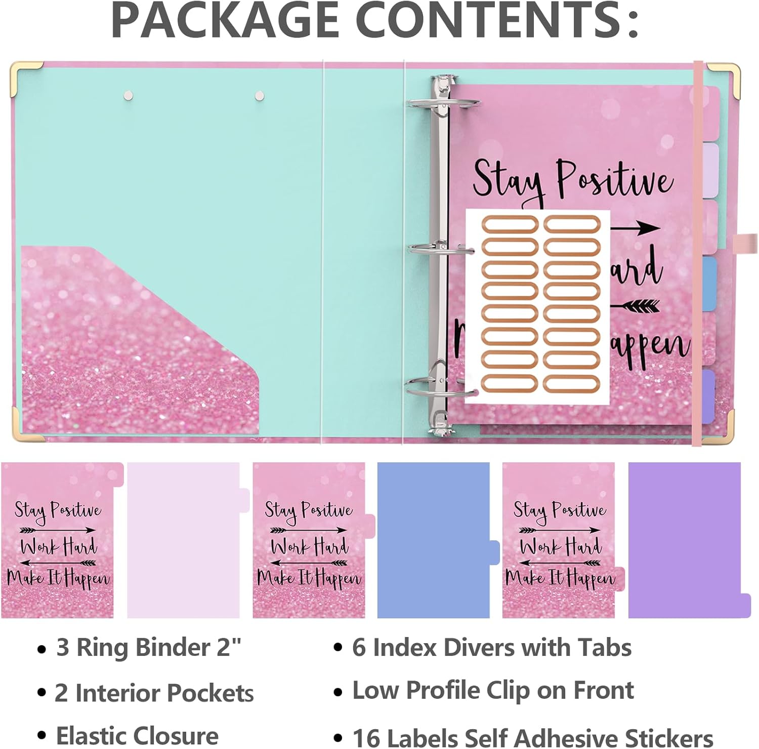 3 Ring Binder 2 Inch, Cute Pink Round Ring Binders with 6 Tab Dividers, Labels Stickers, Low Profile Clipboard with Storage, Fashion Binder School Office Supplies(Stay Positive)