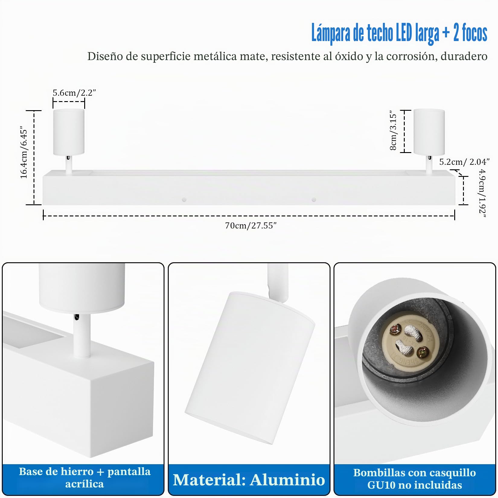 Klighten Lampara Techo con 2 Focos, 28W 2070 Lumen LED + 2 GU10 Casquillo, Focos de Techo Ajustables Moderno, Plafón Focos para Salon, Dormitorio, Cocina, Biacno, Bombilla GU10 no Incluida